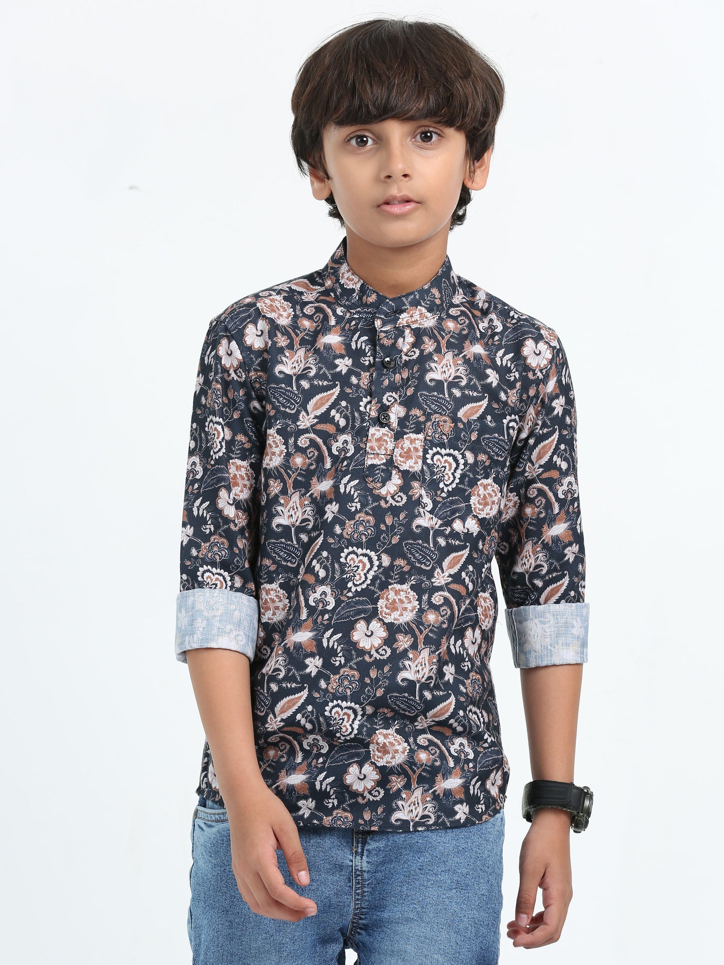 Navy Blue Rayon Digital Printed Short Kurta