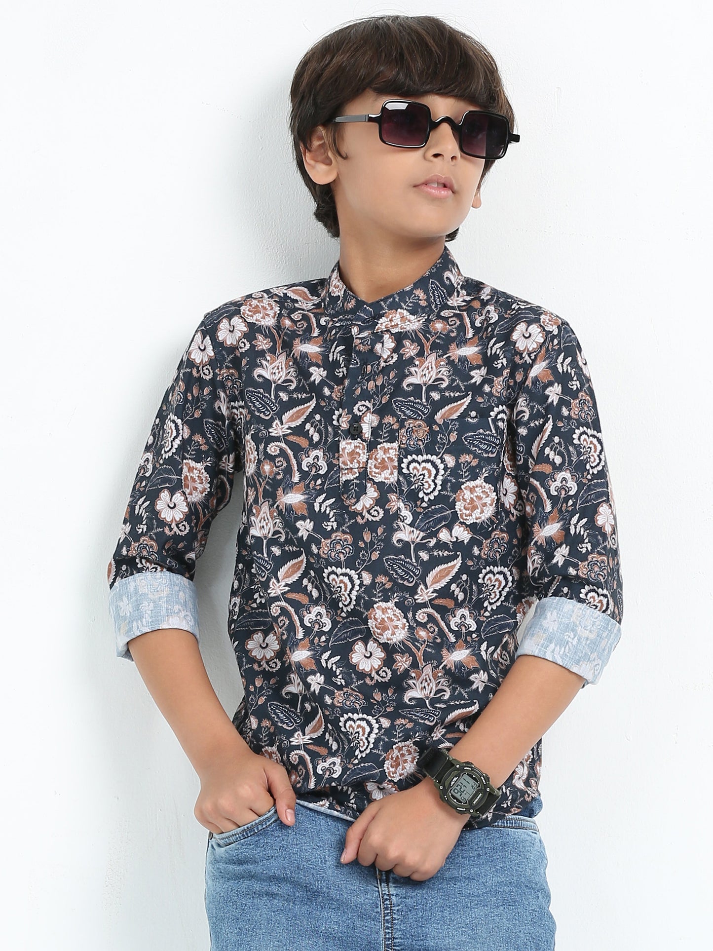 Navy Blue Rayon Digital Printed Short Kurta