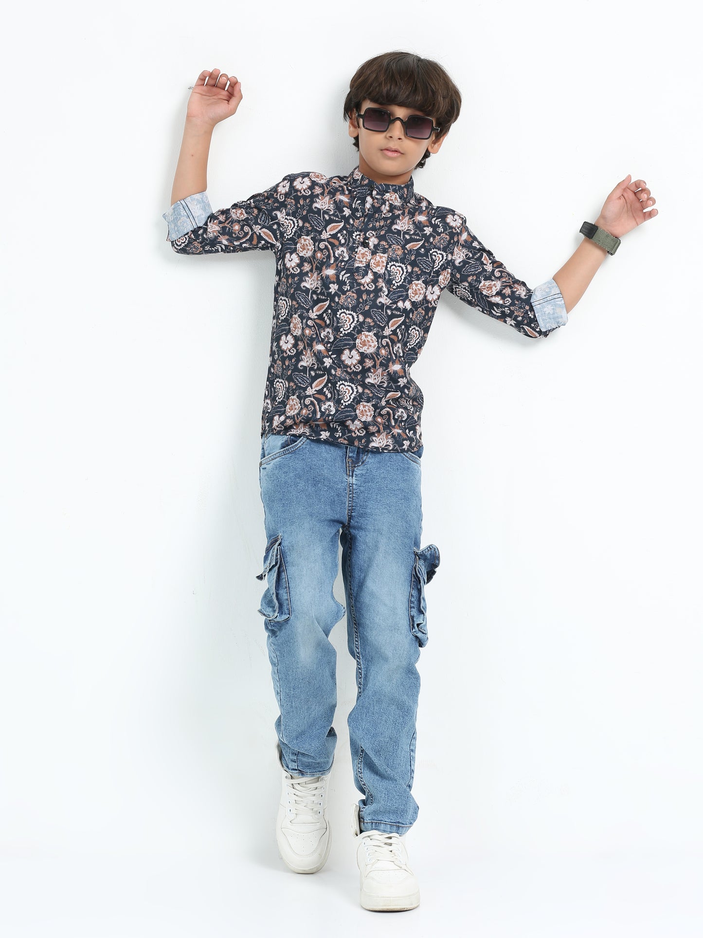 Navy Blue Rayon Digital Printed Short Kurta