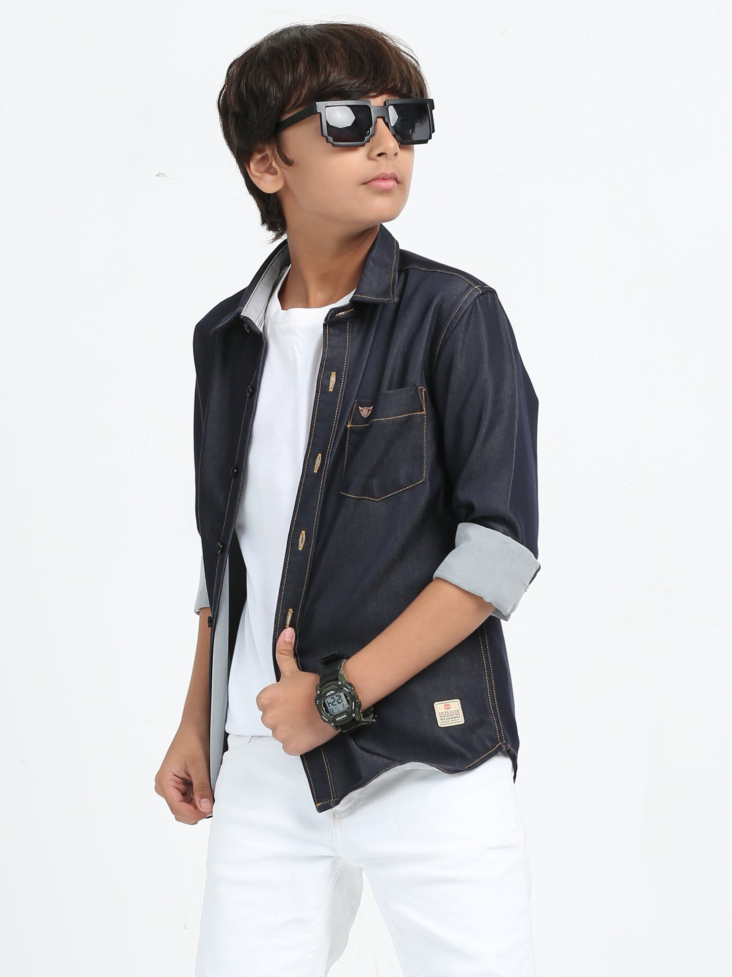 Grey Denim Lycra Solid Shirt