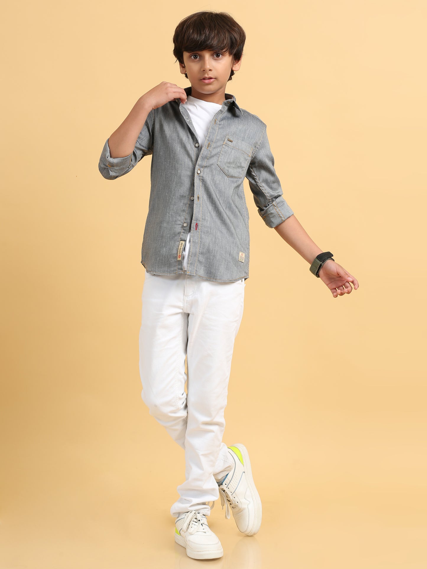 Ash Grey Denim Lycra Solid Shirt