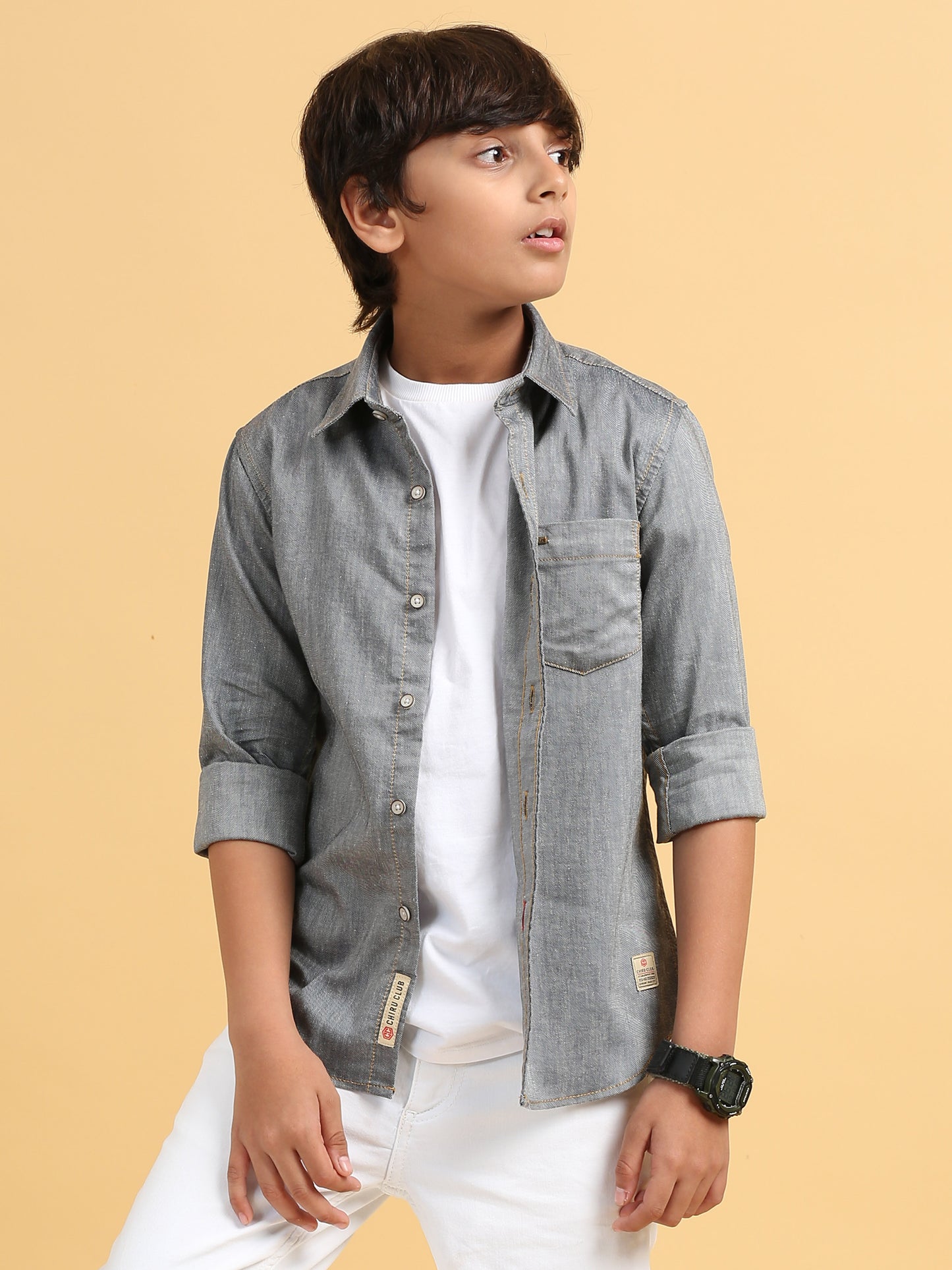 Ash Grey Denim Lycra Solid Shirt