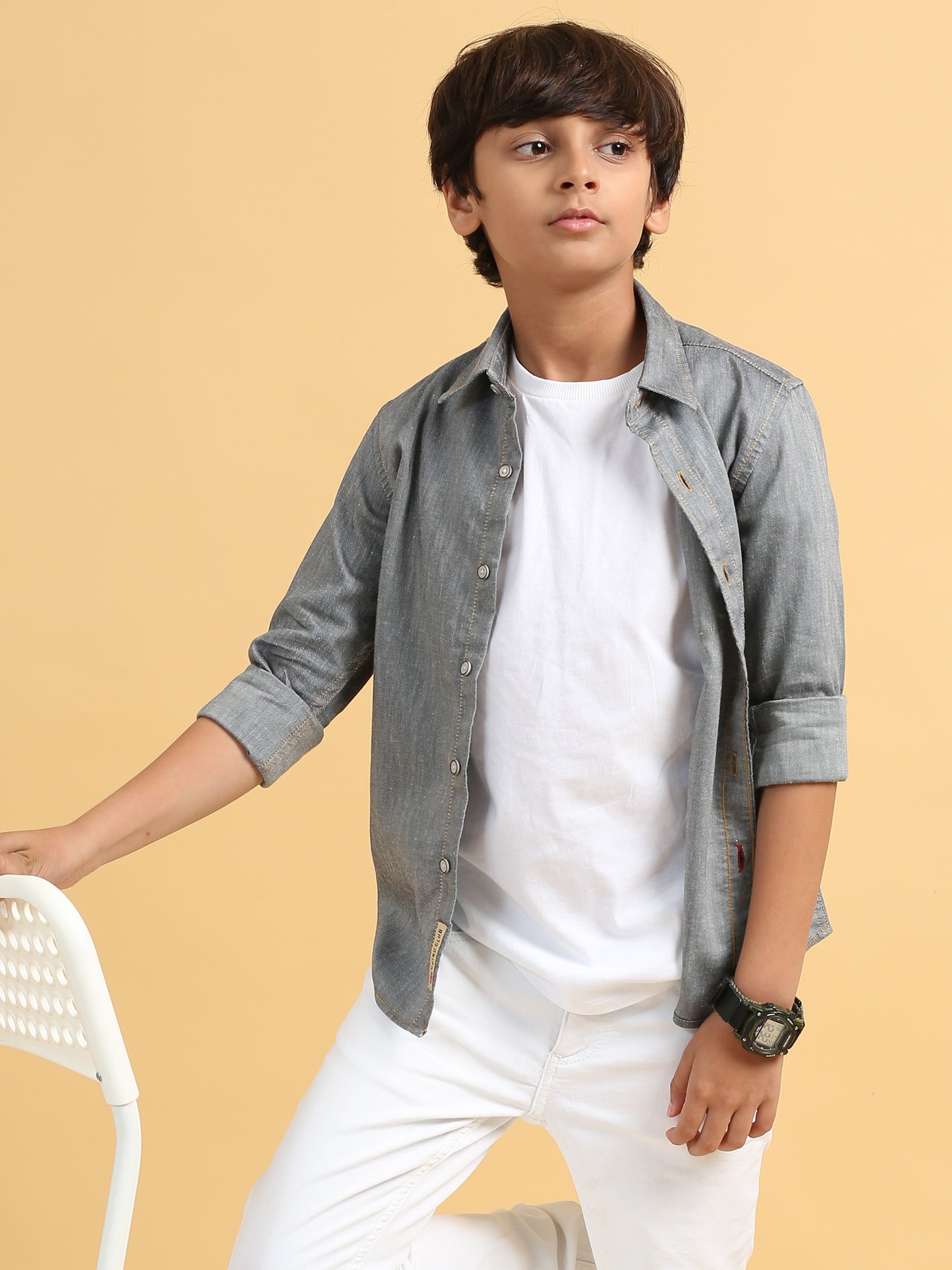 Ash Grey Denim Lycra Solid Shirt