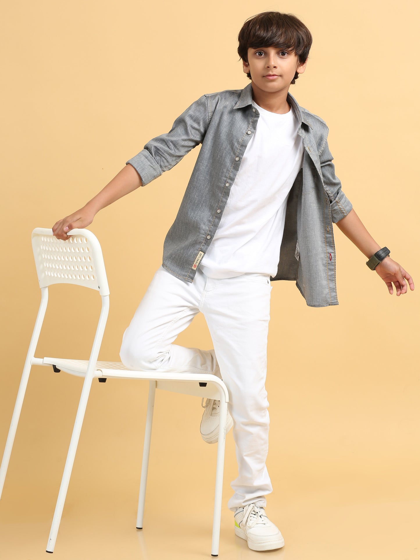Ash Grey Denim Lycra Solid Shirt