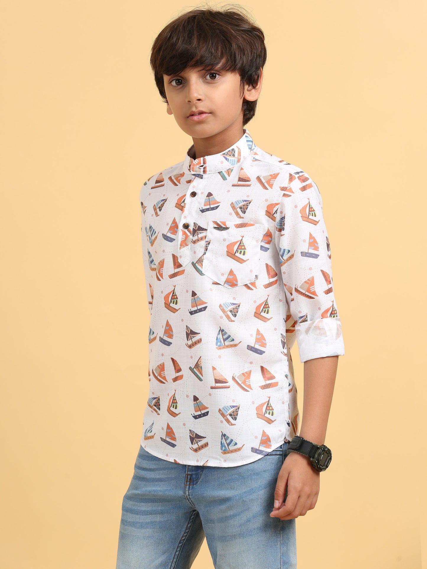 White Rayon Digital Printed Short Kurta