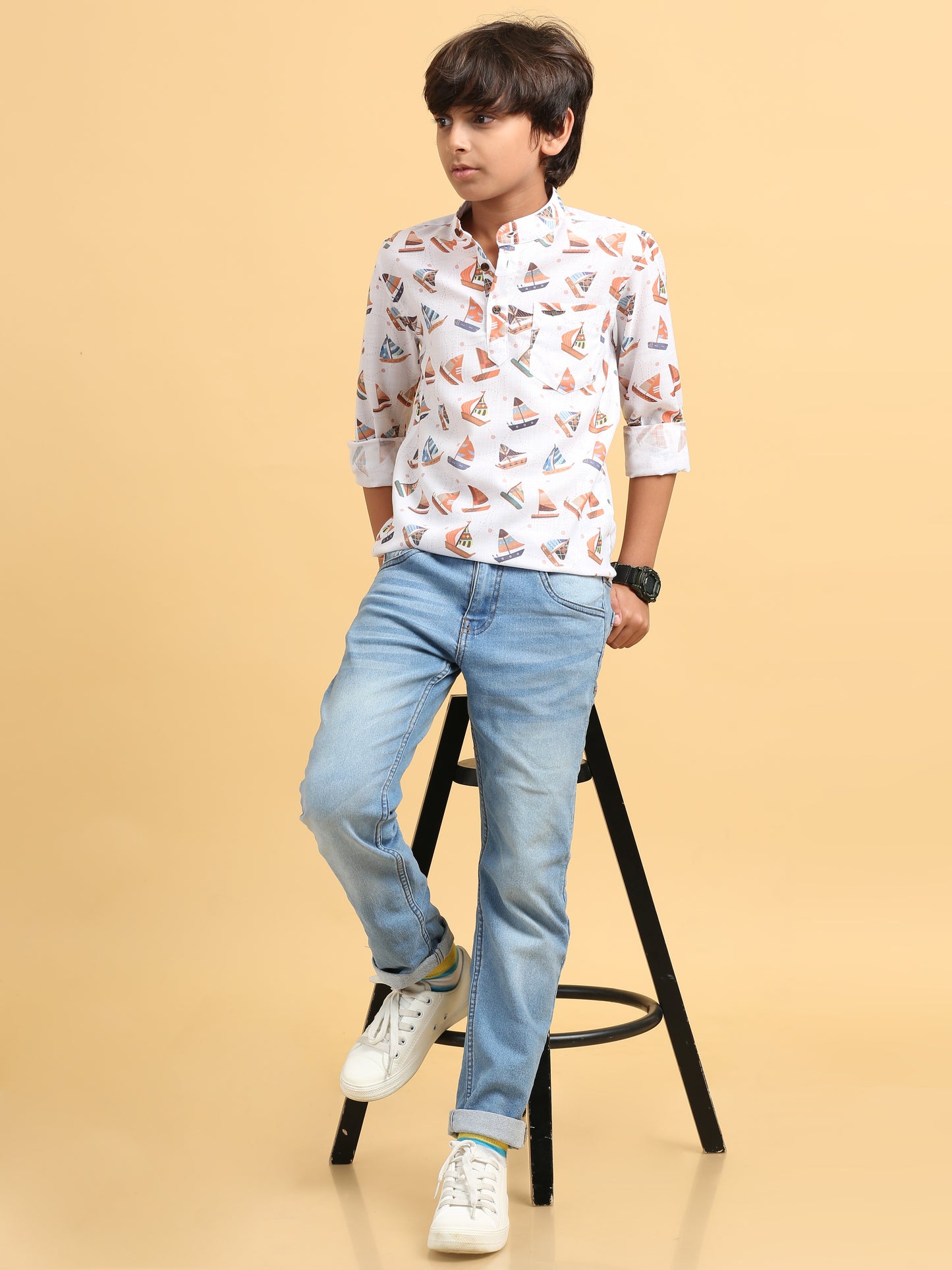 White Rayon Digital Printed Short Kurta
