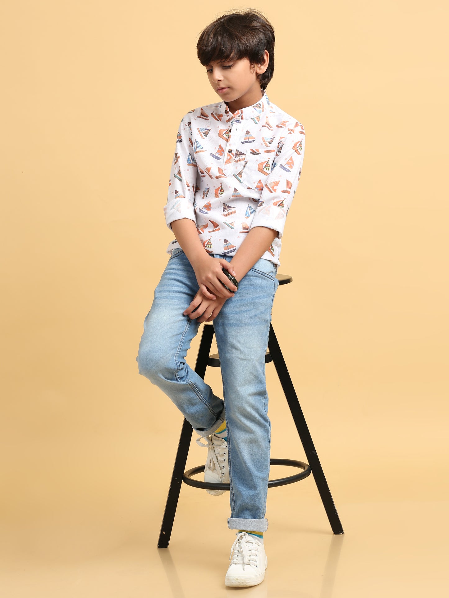 White Rayon Digital Printed Short Kurta
