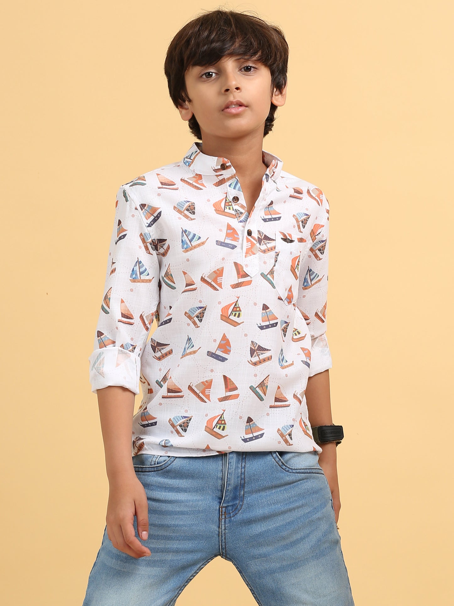 White Rayon Digital Printed Short Kurta