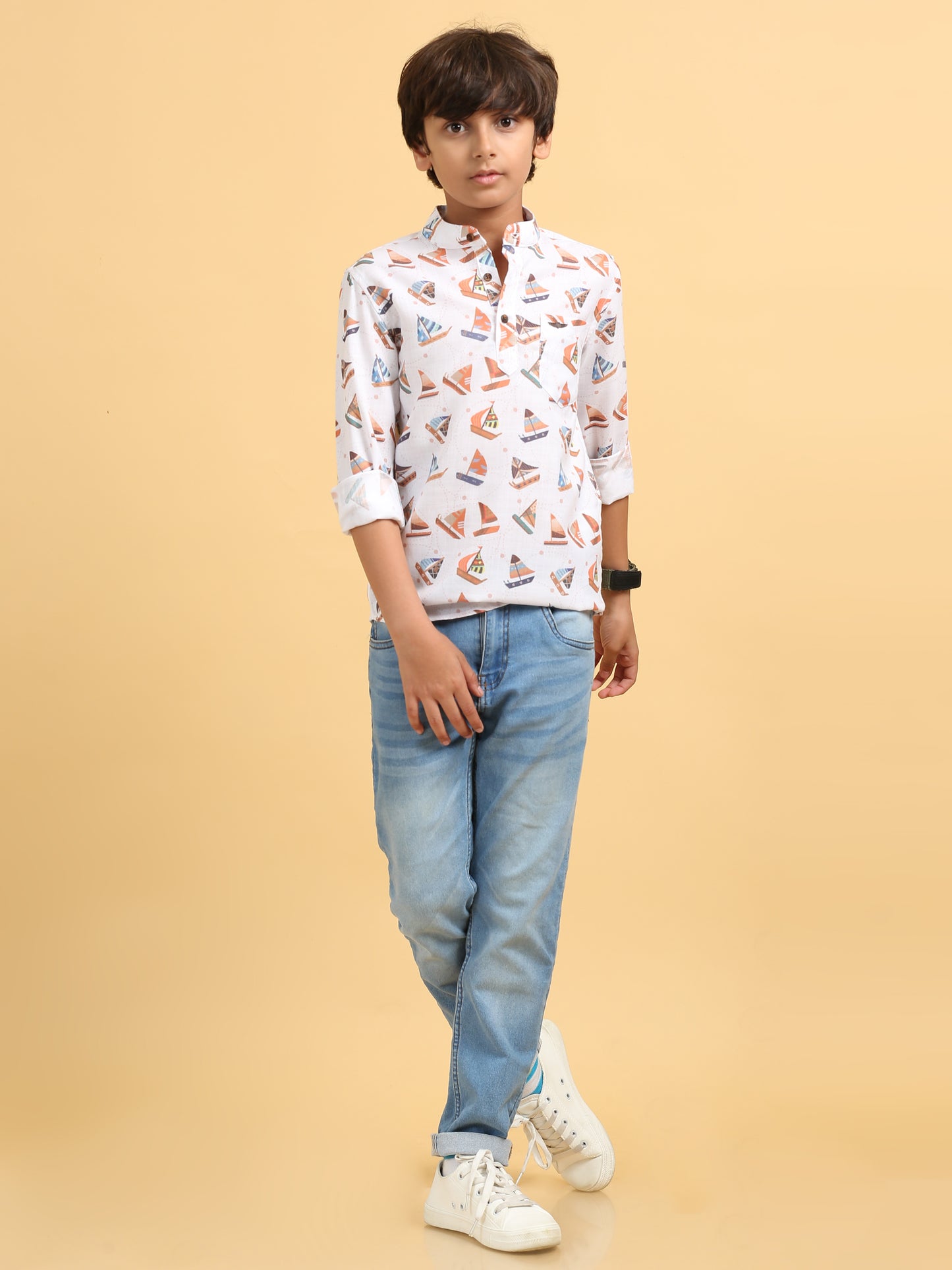 White Rayon Digital Printed Short Kurta
