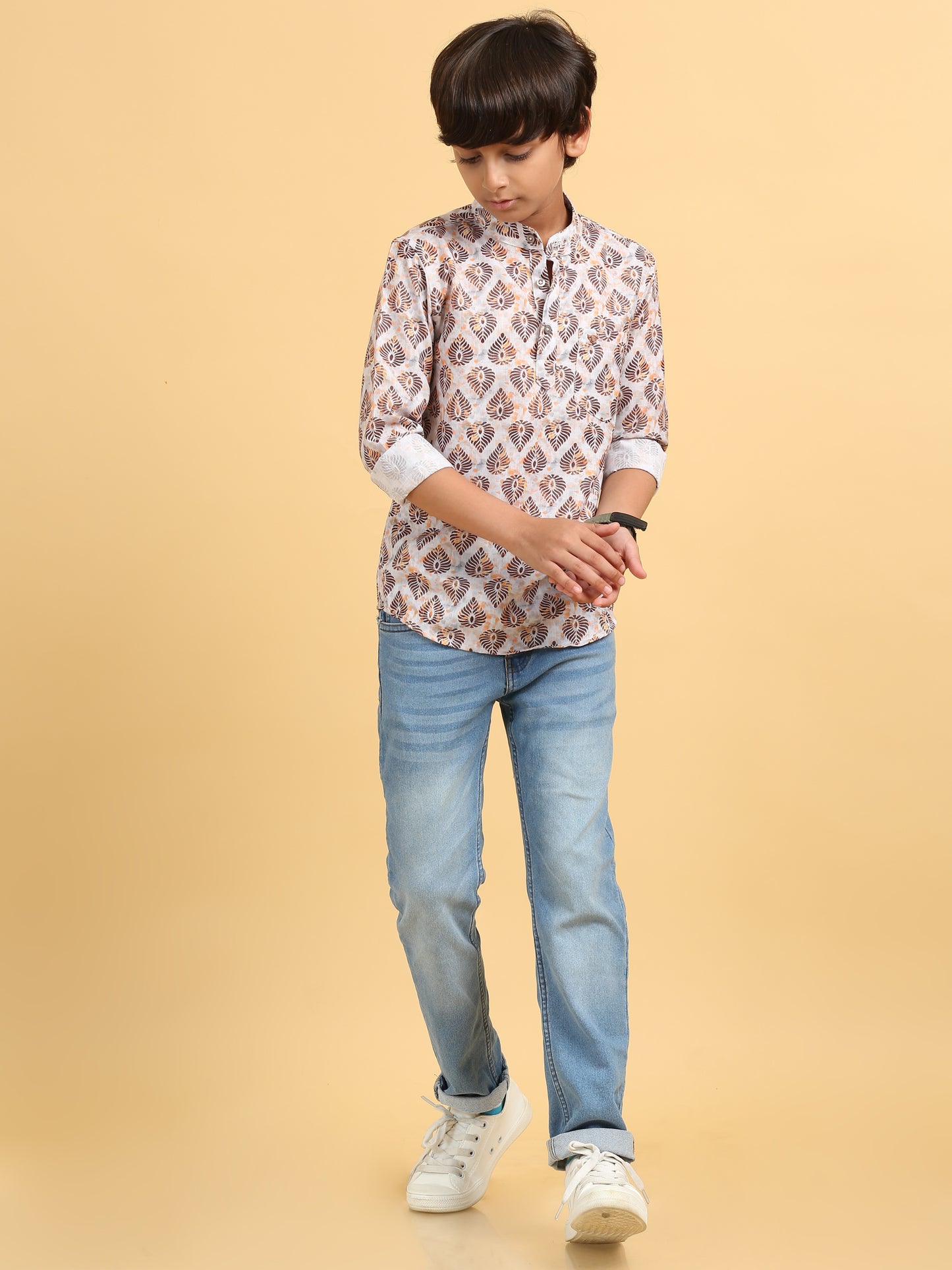 White Brown Rayon Digital Printed Short Kurta