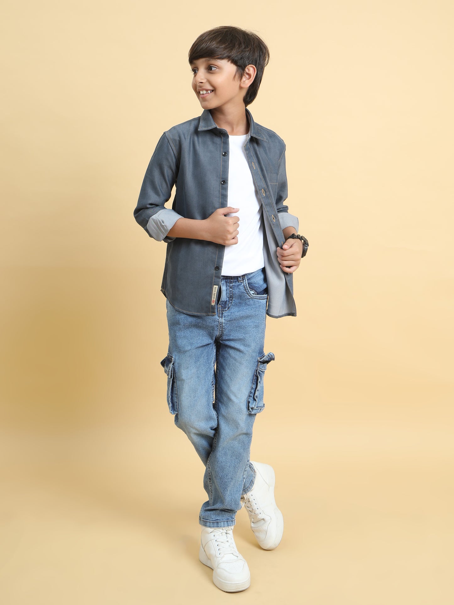 Bluish Grey Denim Lycra Solid Shirt