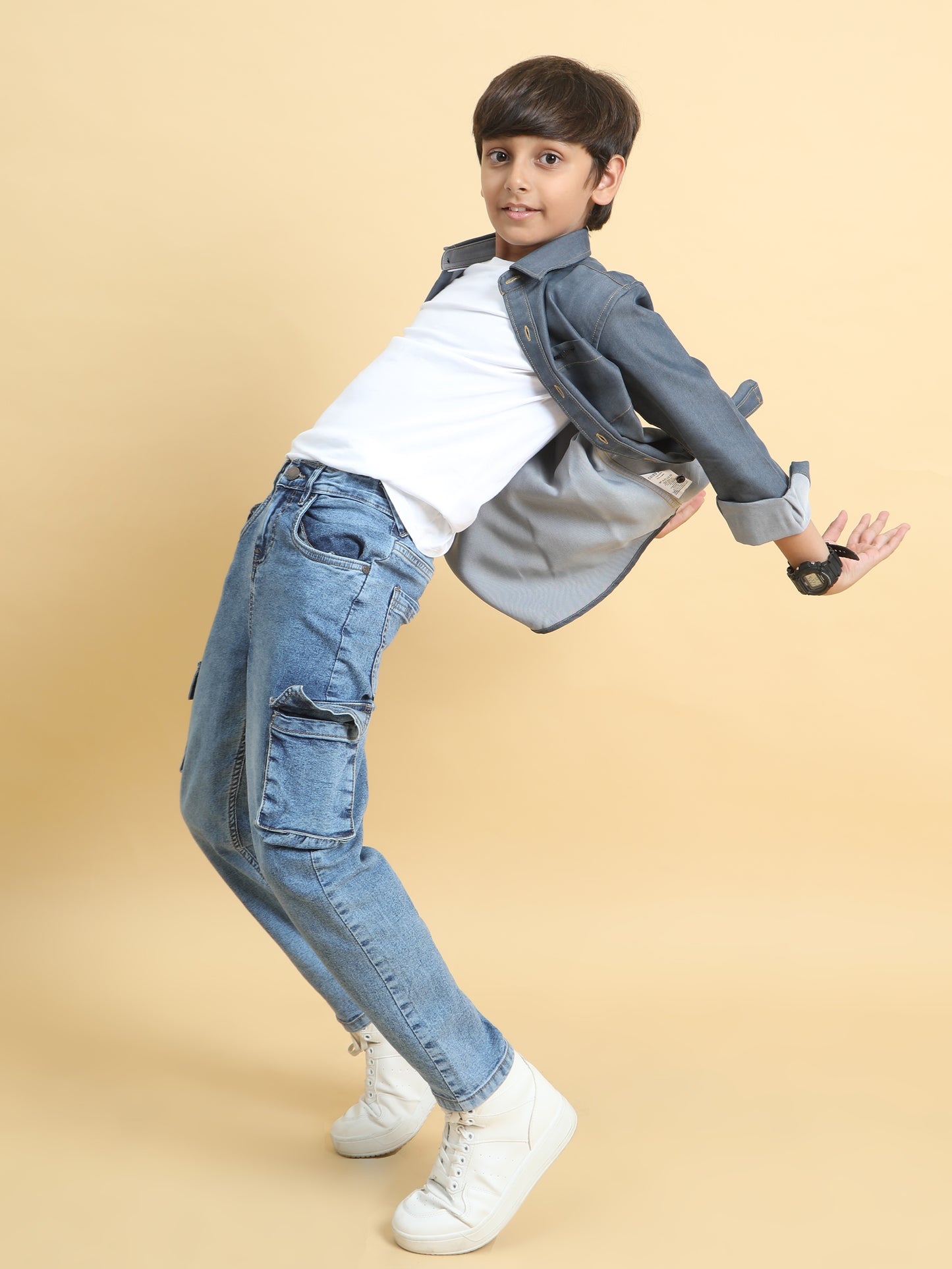 Bluish Grey Denim Lycra Solid Shirt