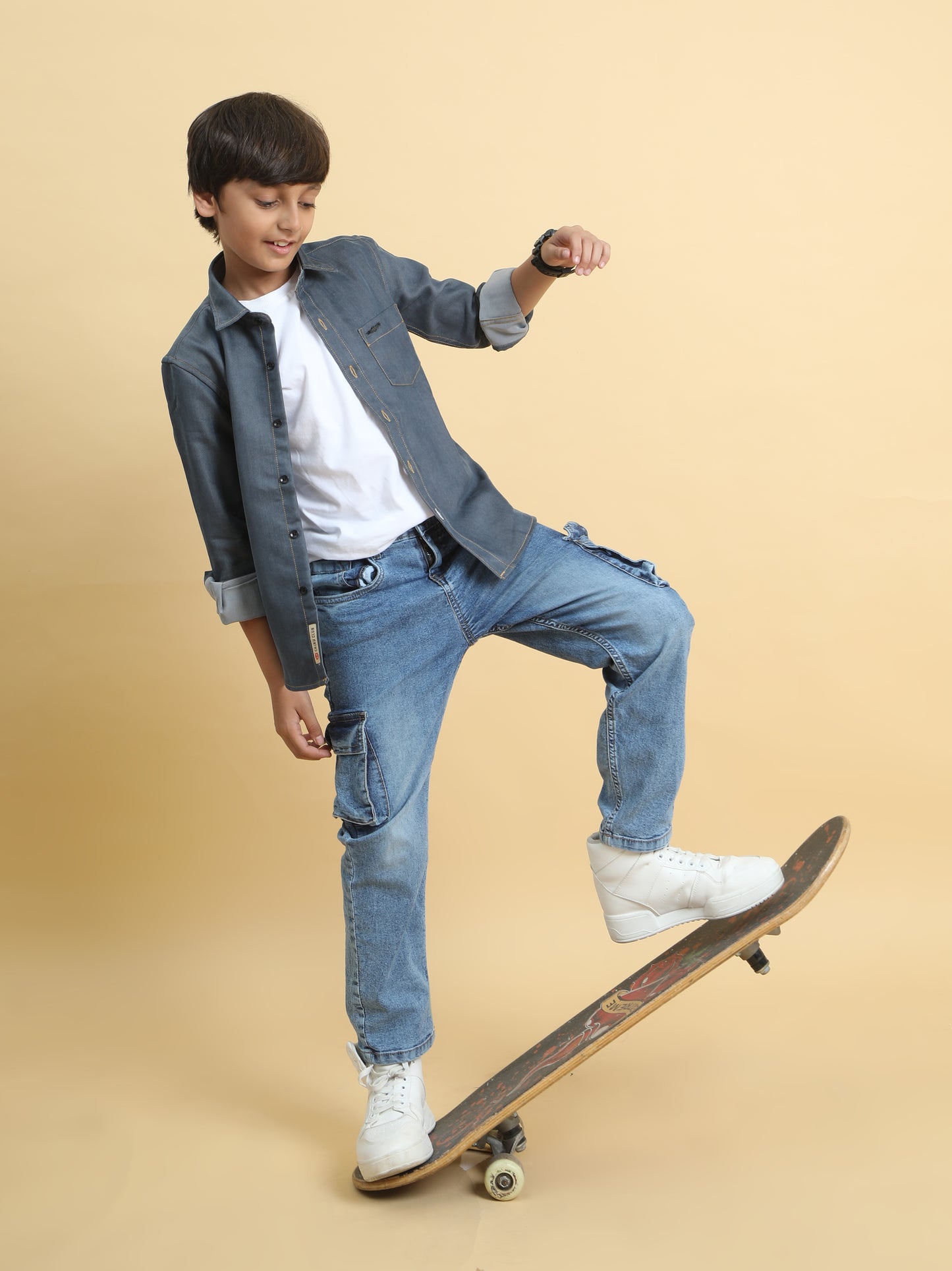 Bluish Grey Denim Lycra Solid Shirt