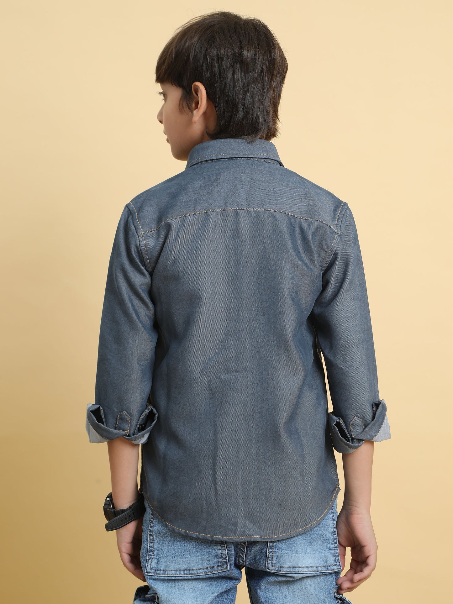 Bluish Grey Denim Lycra Solid Shirt