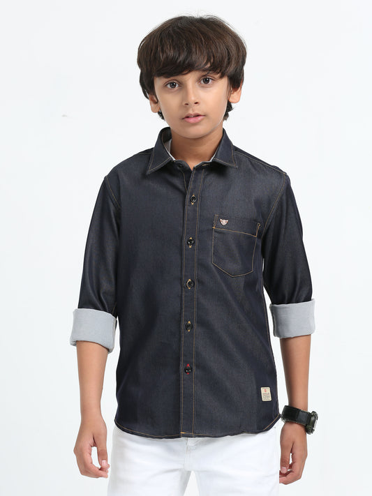 Grey Denim Lycra Solid Shirt