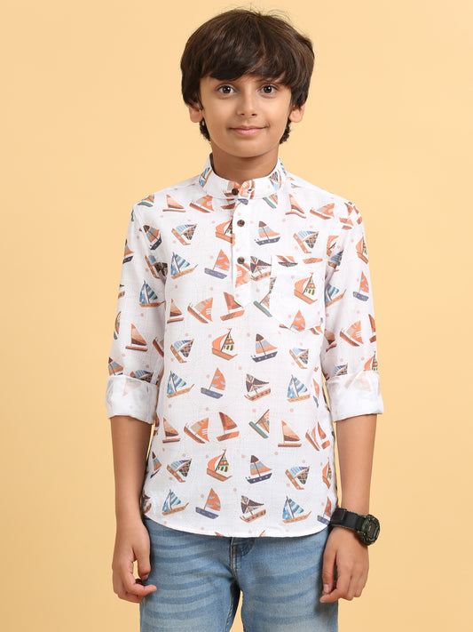 White Rayon Digital Printed Short Kurta