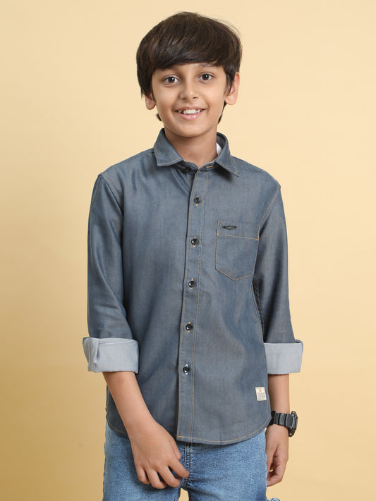 Bluish Grey Denim Lycra Solid Shirt