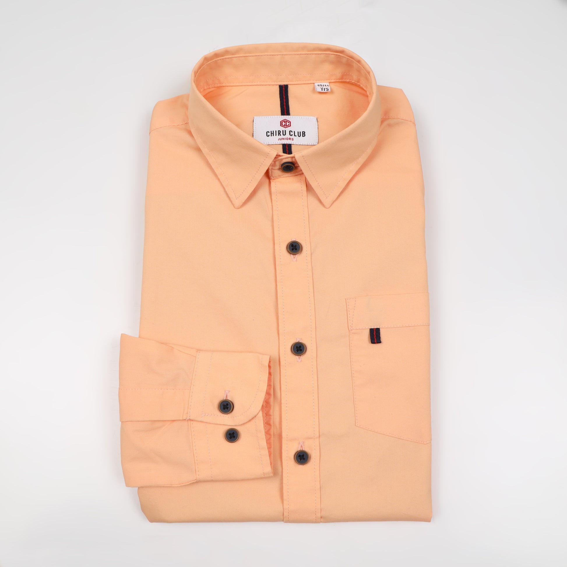 Peach Poplin Lycra Solid Shirt For Boys