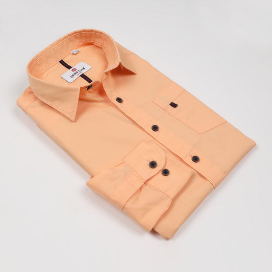 Peach Poplin Lycra Solid Shirt For Boys