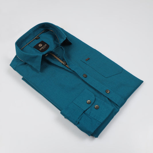Teal Blue Cotton Linen Solid Shirt For Boys