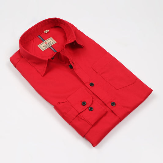 Red Poplin Lycra Solid Shirt for Boys